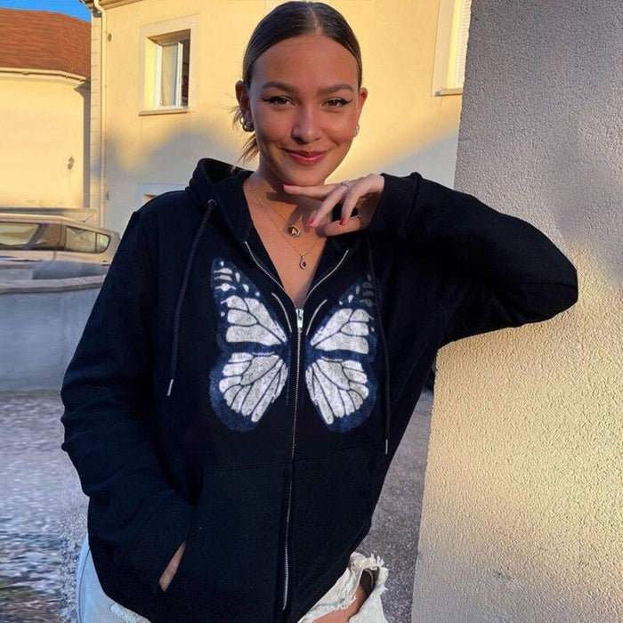 Butterfly Print Zip Up Hoodies
