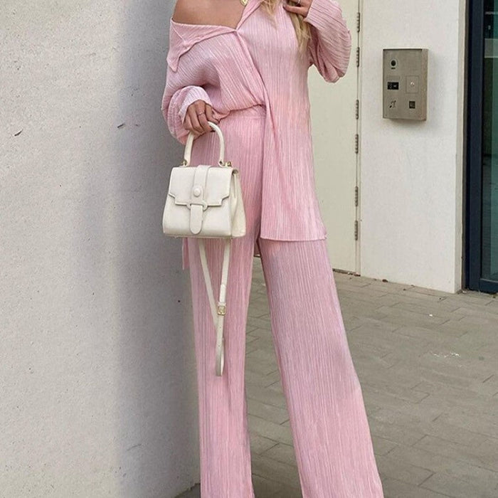 Elegant Casual Shirt Pleated Pants Suit